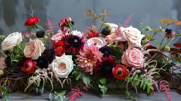 Foto um impressionante arranjo floral com uma variedade de flores em tons de rosa vermelho e creme