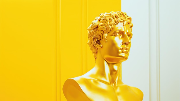 Um impressionante busto dourado contra um fundo amarelo apresenta uma visão moderna da arte clássica perfeita para design gráfico ousado e expressão criativa