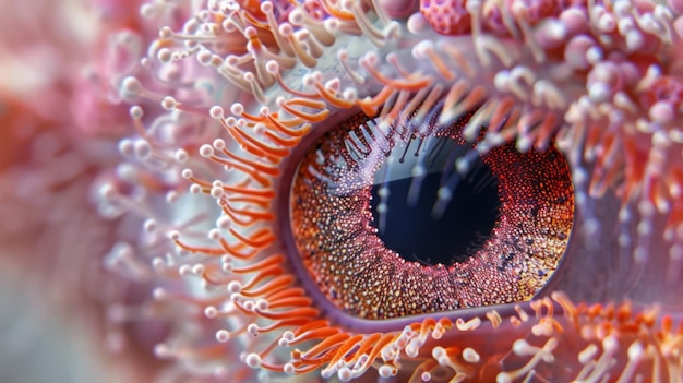 Foto um impressionante close de um olho de rotifério com sua estrutura intrincada e lentes microscópicas hipnotizantes