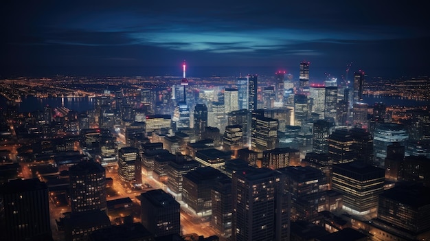 Um impressionante panorama noturno de uma metrópole movimentada, exibindo energia vibrante e beleza urbana.