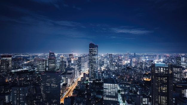 Um impressionante panorama noturno de uma metrópole movimentada, exibindo energia vibrante e beleza urbana.