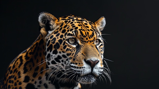Um impressionante retrato em close de um jaguar com seus olhos penetrantes e pelagem elegante contra um fundo escuro