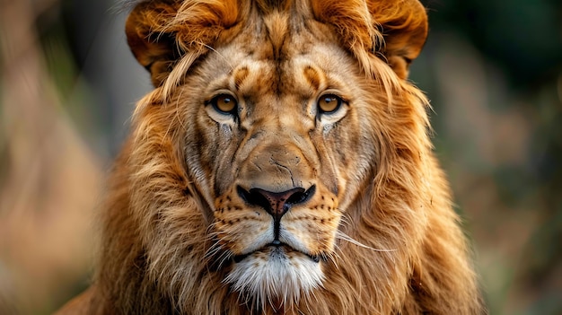 Um impressionante retrato em close de um leão majestoso com uma crina dourada-marrom, olhos amarelos penetrantes e uma expressão real em seu rosto