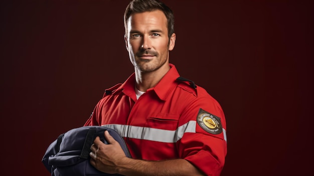 Um incansável paramédico masculino de uniforme segurando um kit de primeiros socorros contra um fundo vermelho