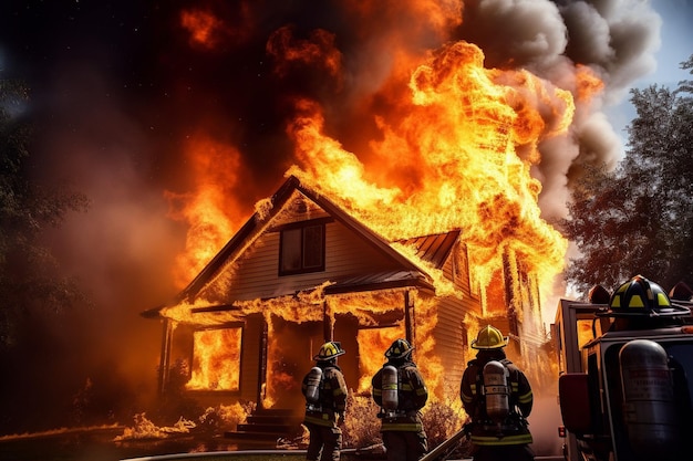 Um incêndio em casa com bombeiros em ação
