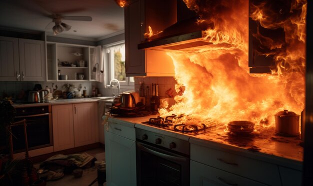 Um incêndio em uma cozinha residencial, seguro e segurança residencial