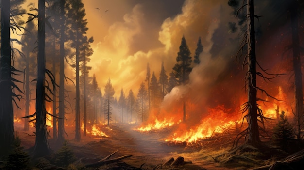 Um incêndio envolve a floresta e a grama seca deixando uma camada preta de queima e cinzas no chão.