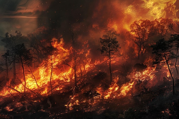 Foto um incêndio florestal com árvores no topo dele