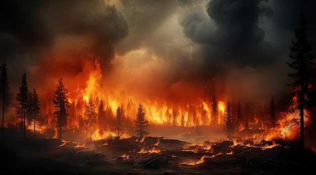 um incêndio florestal com grandes árvores queimando no estilo da natureza norueguesa