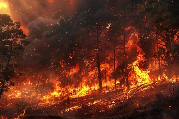 um incêndio florestal com um incéndio florestal ao fundo
