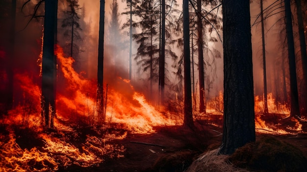 Um incêndio florestal está queimando ao fundo