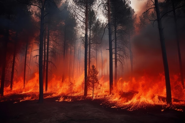 Um incêndio florestal está queimando nas montanhas.