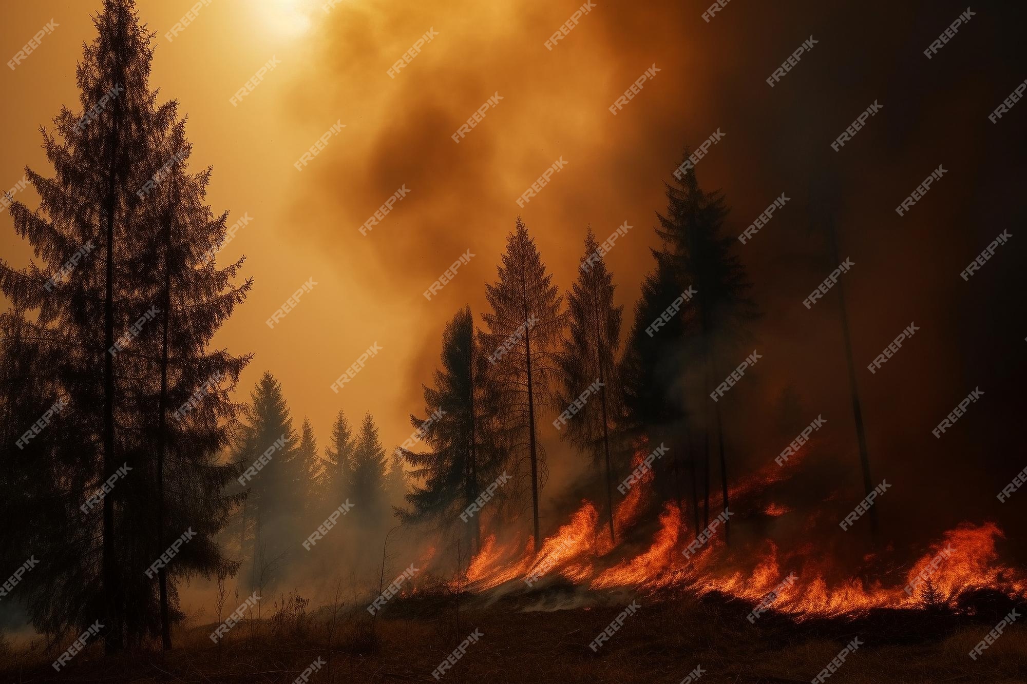 Queima de incêndio à noite, fogo na floresta, Vetor Grátis