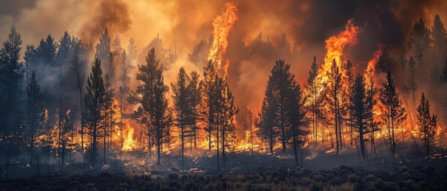 Foto um incêndio florestal furioso furioso fora de controle com chamas altas e fumaça ondulante consumindo as árvores em uma terrível e implacável exibição do poder destrutivo da natureza