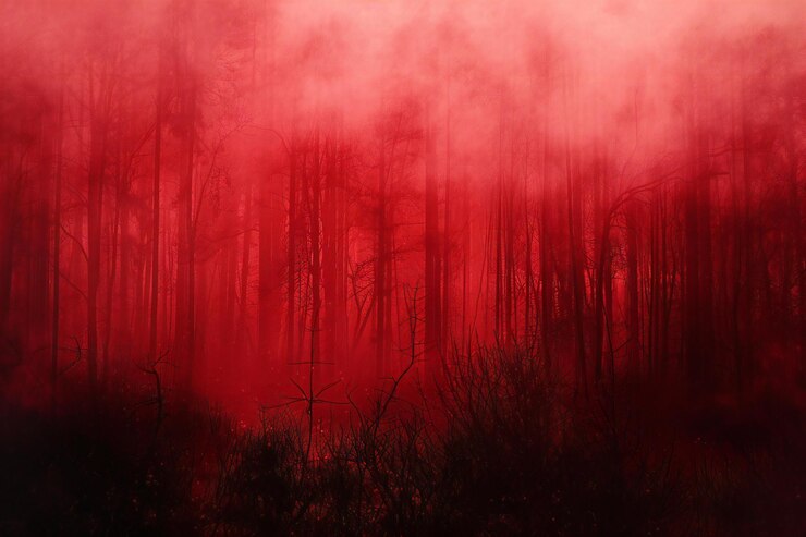 Foto um incêndio florestal na floresta com um fundo vermelho