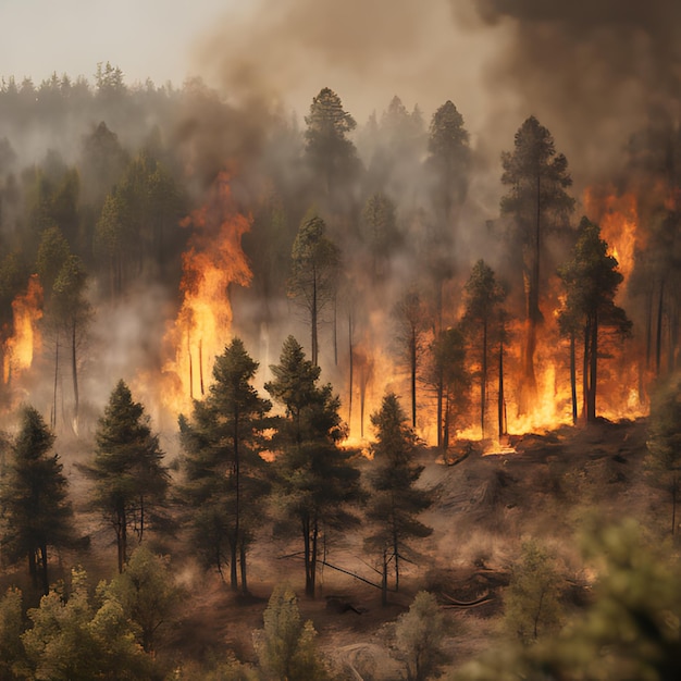 um incêndio florestal queimando na área com árvores queimando