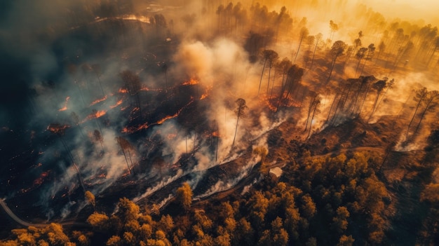 Um incêndio na floresta.