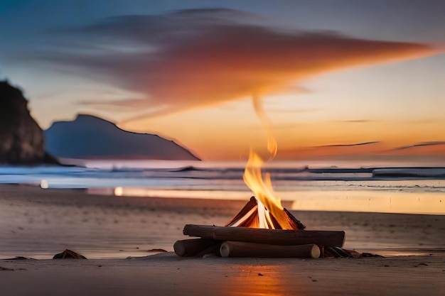 Foto um incêndio na praia ao pôr do sol