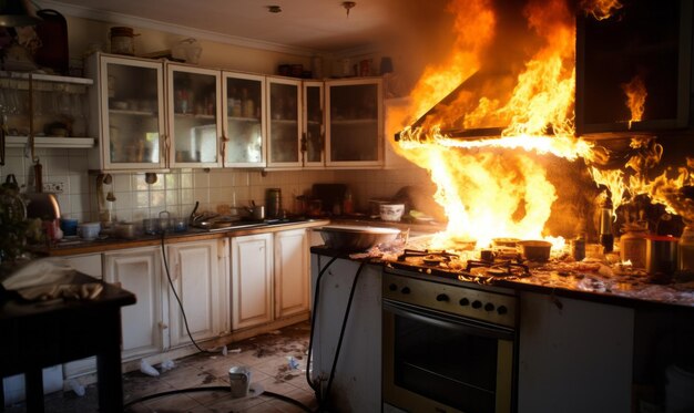 Foto um incêndio numa cozinha residencial seguro de casa e segurança