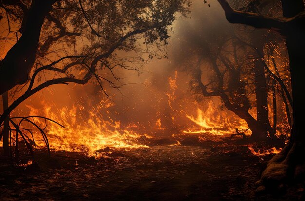 um incêndio perto de um grande grupo de árvores