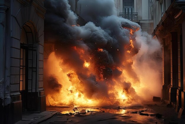 um incêndio que está lá fora com um edifício ao fundo