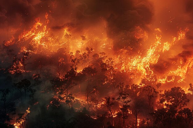 Um incêndio queima a floresta.