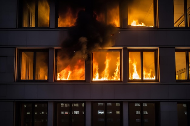 Um incêndio queima em um prédio com a palavra fogo ao lado.