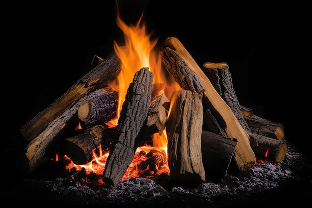 Um incêndio queima em um quarto escuro com fundo preto.