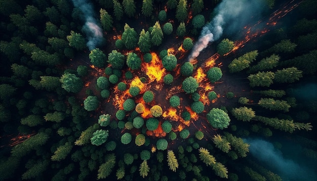 Um incêndio queima em uma floresta com uma floresta ao fundo.