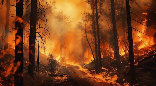 Um incêndio queima em uma ilustração da floresta