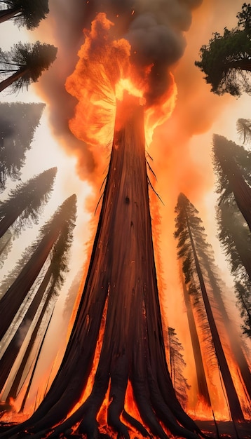 um incêndio queimando em uma floresta com um fogo queimando no fundo