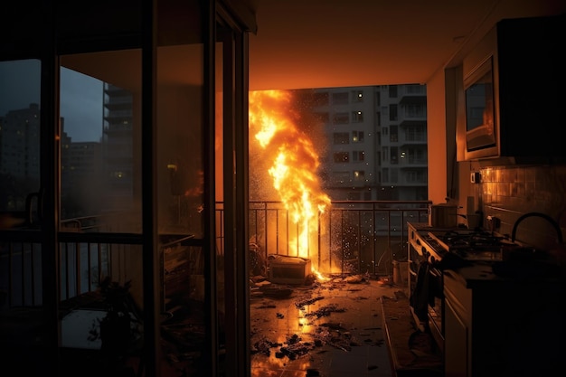 Um incêndio rages em uma sala com uma varanda como chamas engolem o espaço interno fogo noturno em um apartamento AI gerado