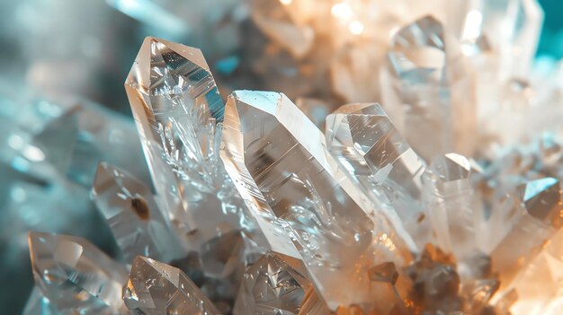 Um incrível close de um aglomerado de cristais de quartzo As facetas cintilantes dos cristais criam uma bela e hipnotizante exibição