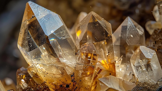 Um incrível close de um belo aglomerado natural de cristais de quartzo amarelo