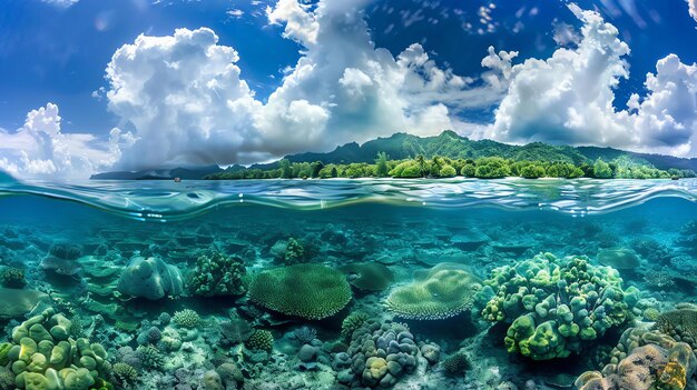Foto um incrível recife de corais com uma ilha tropical e um céu azul com nuvens ao fundo.