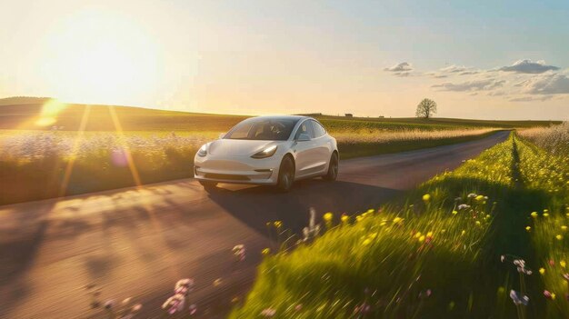 Um indivíduo alegre atravessando uma estrada de campo ensolarada em um EV compacto cercado por campos em flor