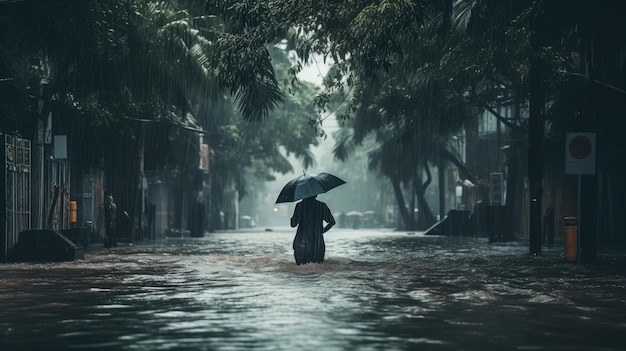 Um indivíduo com um guarda-chuva atravessa uma rua urbana inundada em fortes chuvas