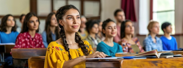 Um indivíduo determinado assistindo a uma palestra tomando anotações enquanto está cercado por colegas de classe em uma cidade movimentada