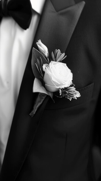 Um indivíduo elegante vestindo um terno e gravata com um boutonniere elegante