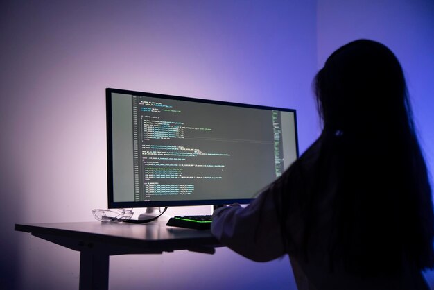 Um indivíduo em silhueta é visto trabalhando em um computador com código na tela sugerindo atividade de hacking em uma sala mal iluminada à noite