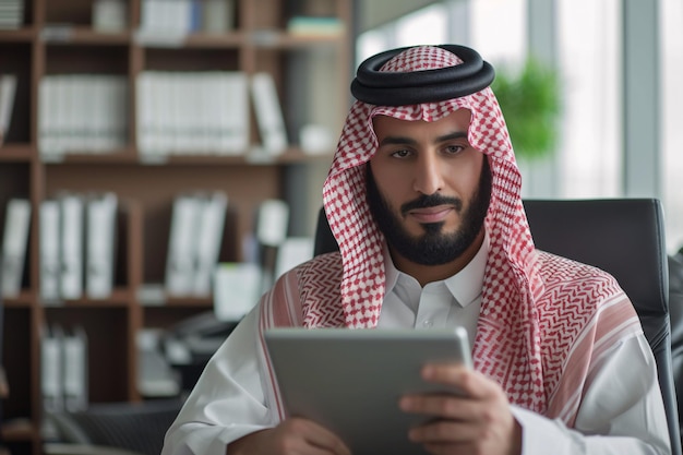 Um indivíduo saudita usando um dispositivo digital enquanto está sentado em um espaço de trabalho em um fundo em branco