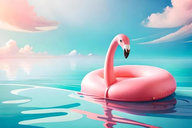 Um inflável rosa na água com um flamingo rosa ao fundo.