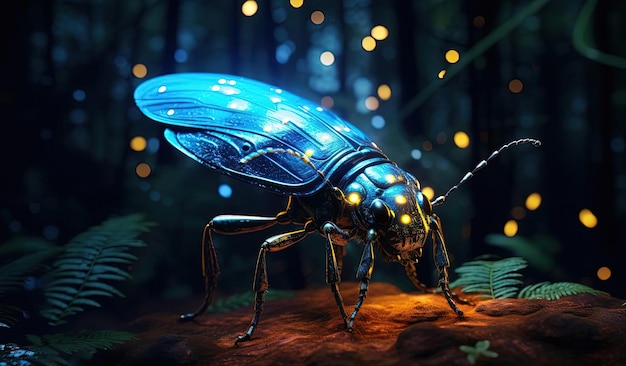 um inseto azul pela floresta à noite no estilo barroco de ficção científica