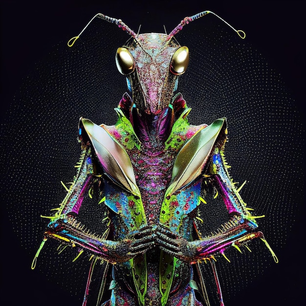 Um inseto colorido com a palavra "on it" na frente.