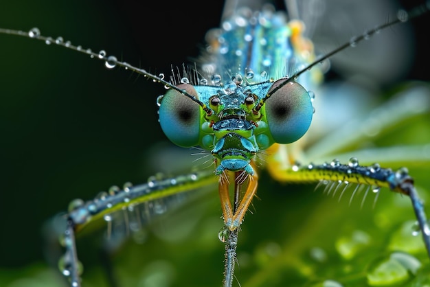 Um inseto com um corpo verde e olhos azuis está de pé em uma folha