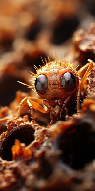 Foto um inseto com uma cara no rosto está olhando para cima.