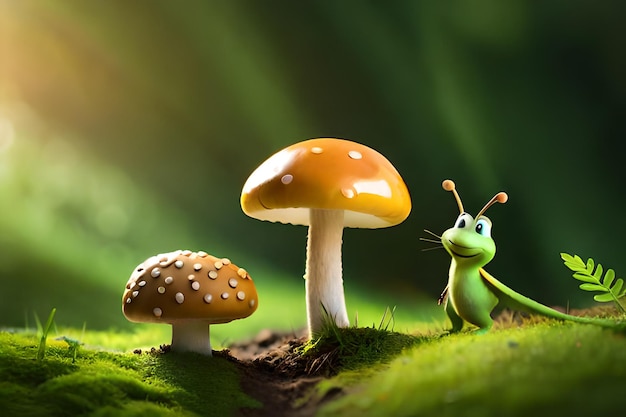 Um inseto e um cogumelo estão parados na frente de um fundo verde.