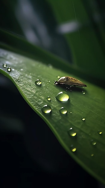 Um inseto em uma folha verde com água cai sobre ele.