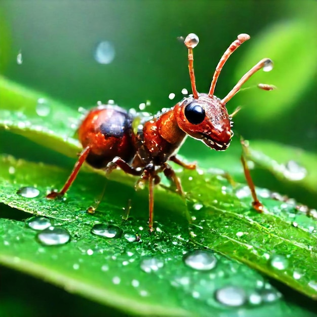 um inseto está em uma folha verde com gotas de água