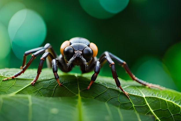 Um inseto preto e marrom com olhos laranja senta-se em uma folha verde.